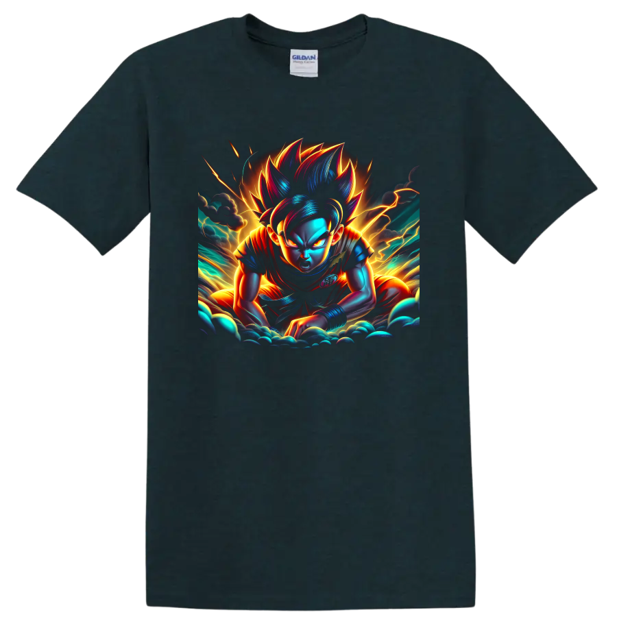 Goku Ultra Instinct anime warrior graphic with neon lightning and storm clouds on a Midnight (Green) T Shirt
