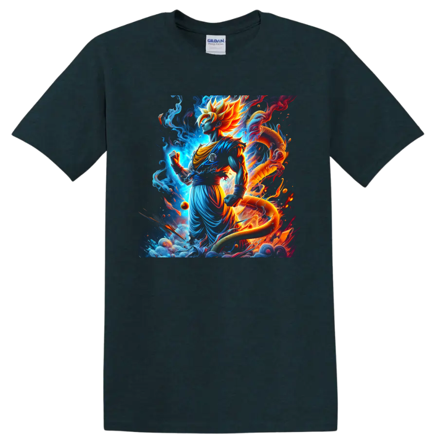 Goku Ultra Instinct anime warrior with cosmic dragon and glowing energy art on a Midnight (Green) T Shirt