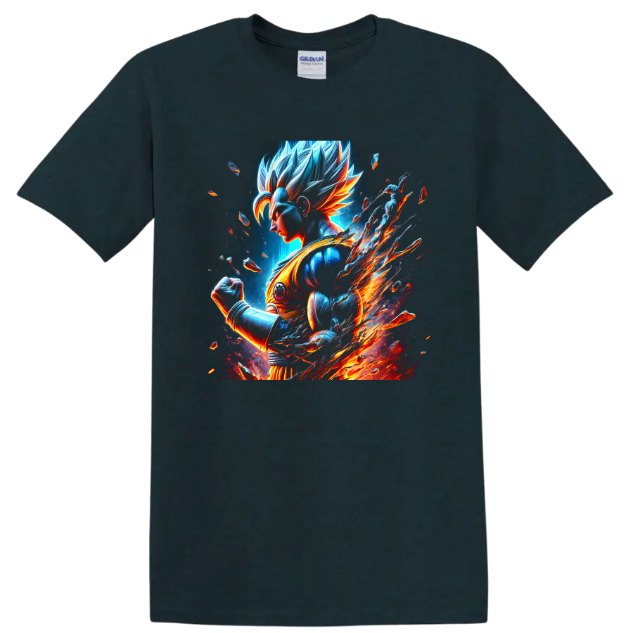 Goku Ultra Instinct cosmic anime warrior graphic with blue energy and fiery trails on a Midnight (Green) T Shirt