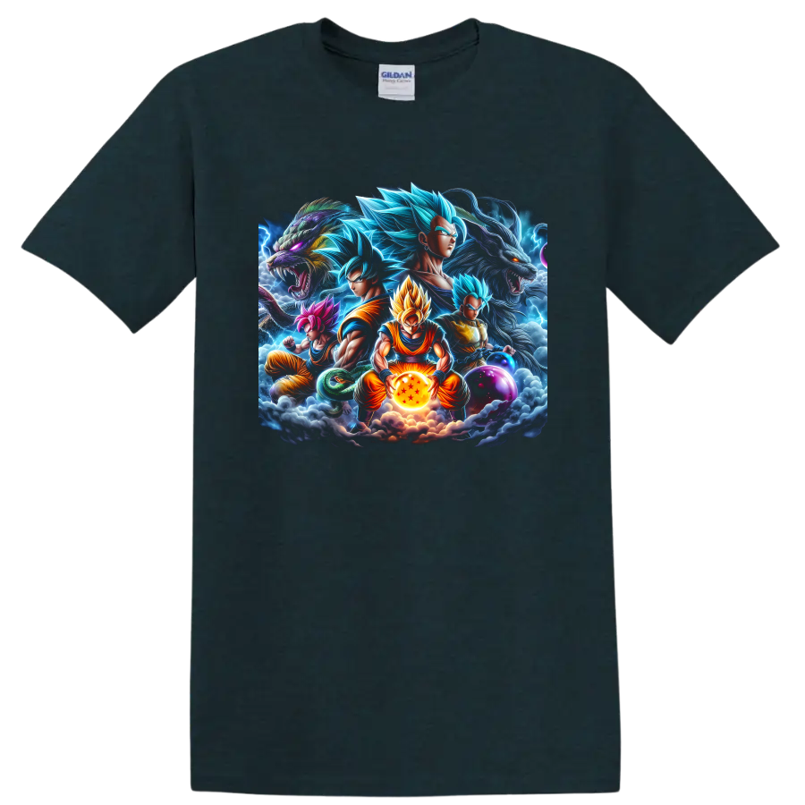 Goku and Vegeta Dragon Ball battle graphic with dragons, lightning, and Dragon Balls on a Midnight (Green) T Shirt