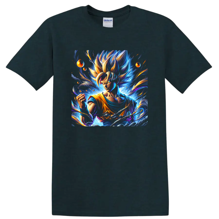 Goku Ultra Instinct-inspired cosmic anime fighter graphic with glowing energy trails on a Midnight (Green) T Shirt
