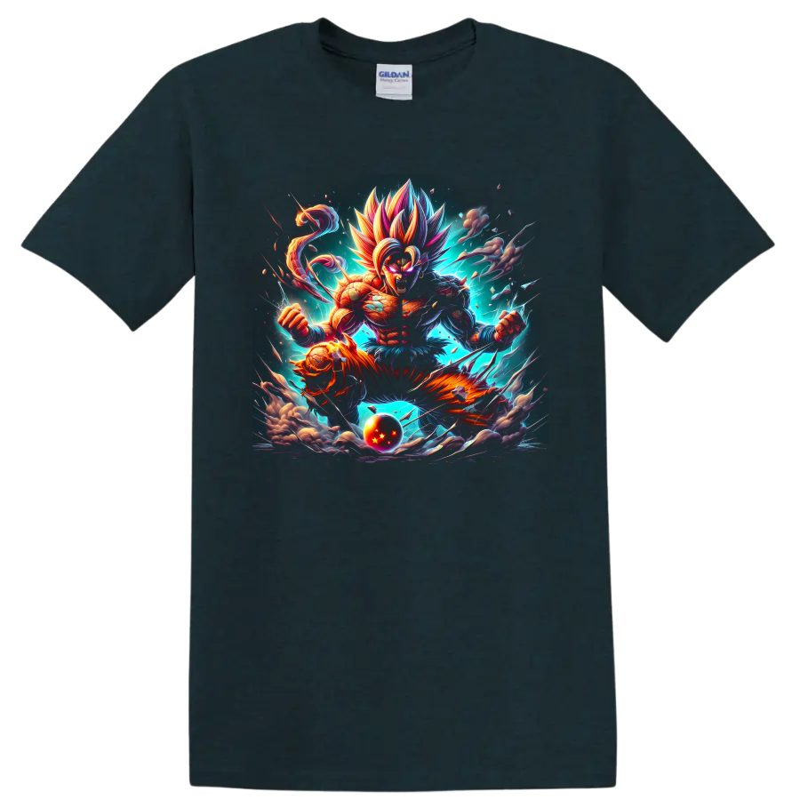 Goku cosmic battle artwork with multicolored spiked hair and glowing energy on a Midnight (Green) T Shirt