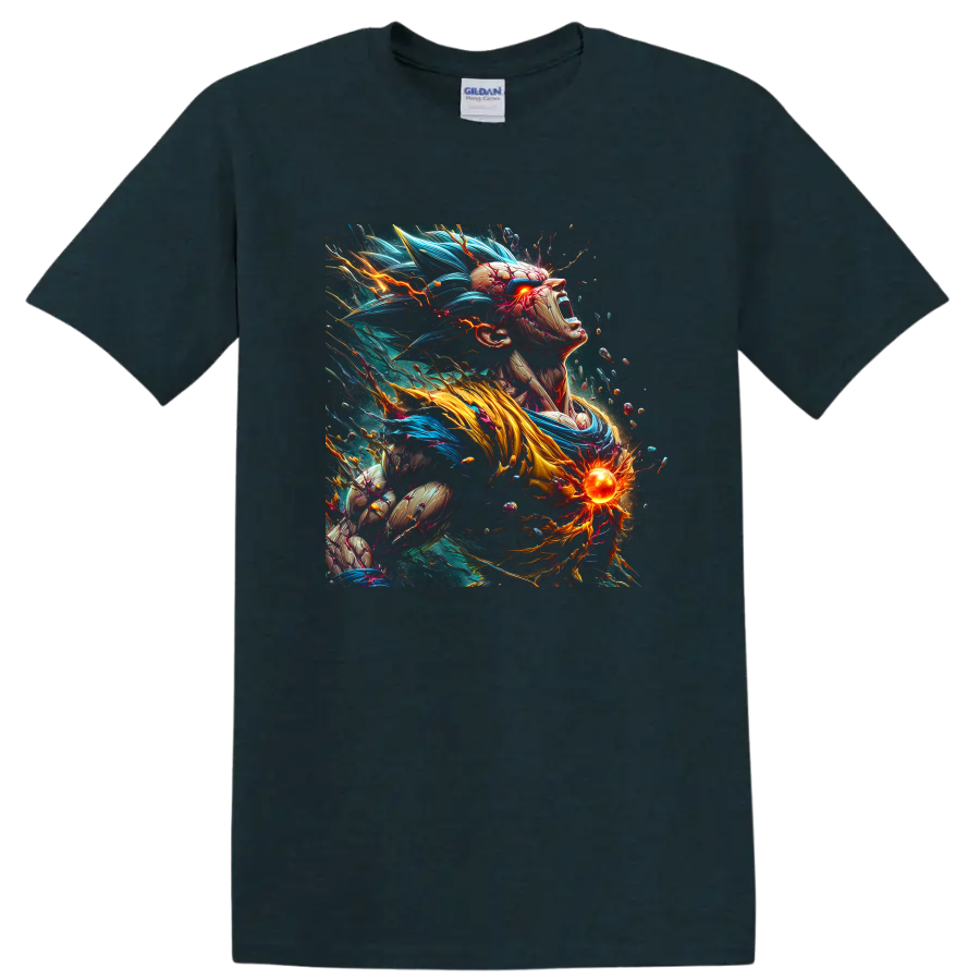 Goku Ultra Instinct anime warrior with blue energy hair and glowing power orb on a Midnight (Green) T Shirt