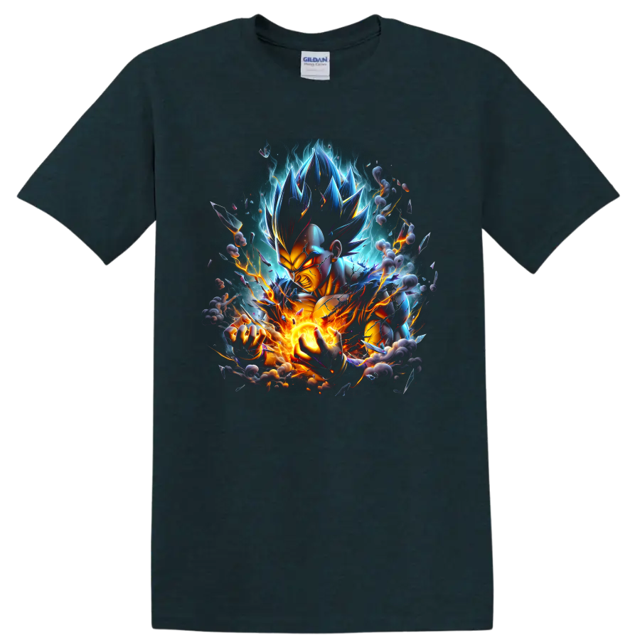 Vegeta Ultra Ego anime fighter with glowing energy blast, lightning, and cosmic aura on a Midnight (Green) T Shirt