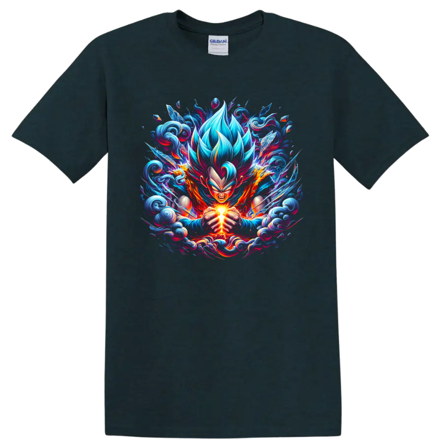 Goku Super Saiyan Blue anime warrior charging a glowing energy burst on a Midnight (Green) T Shirt