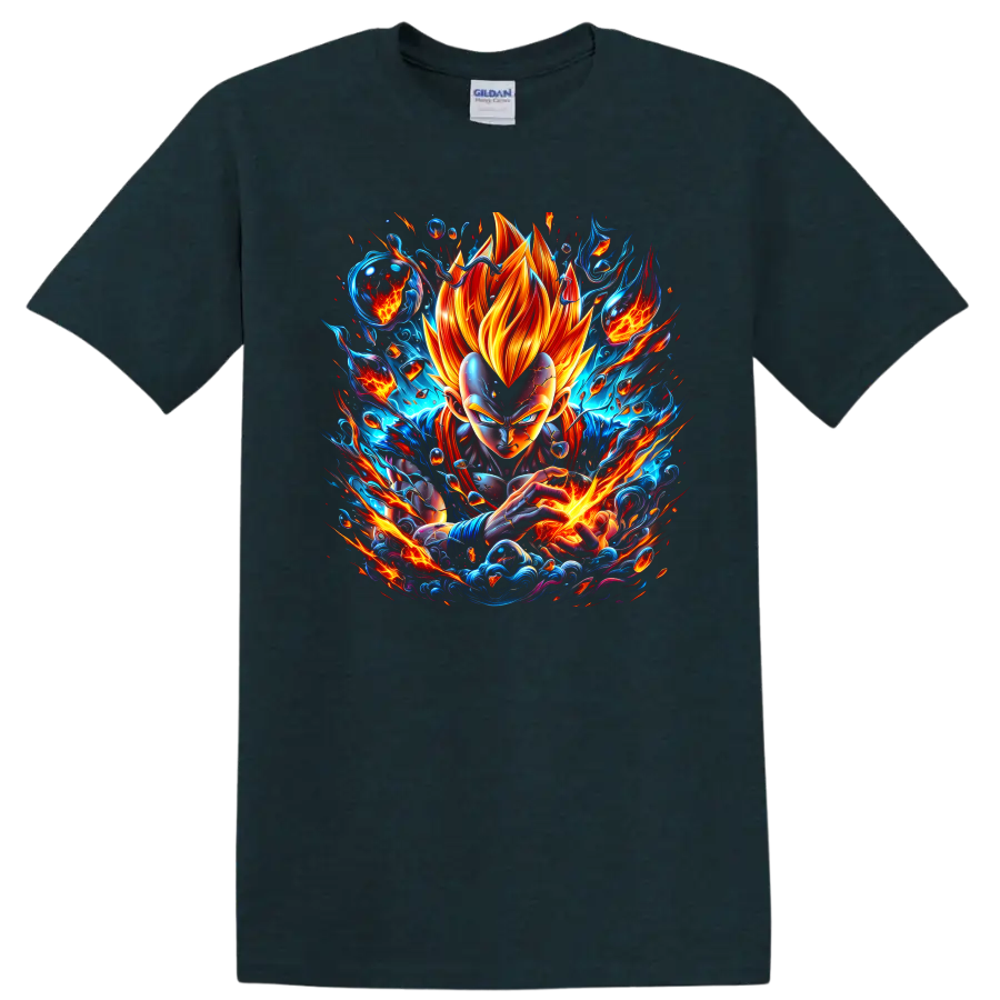 Vegeta Super Saiyan God anime graphic with fiery energy and explosive action effects on a Midnight (Green) T Shirt