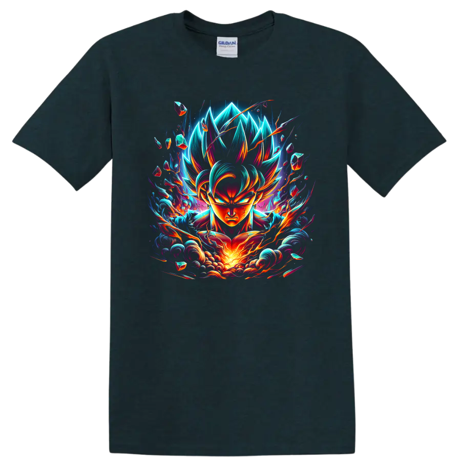 Goku Ultra Instinct neon anime warrior graphic with swirling energy and crystal fragments on a Midnight (Green) T Shirt