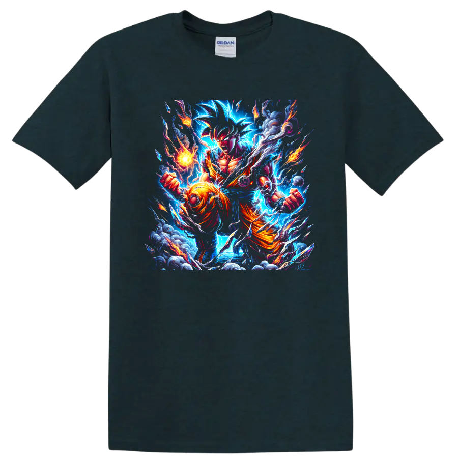 Goku Mastered Ultra Instinct anime battle art with electric aura and flames on a Midnight (Green) T Shirt