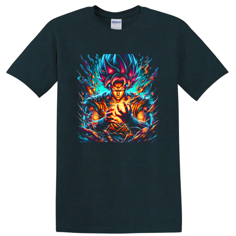 Goku Ultra Instinct-inspired neon energy warrior graphic print on a Midnight (Green) T Shirt