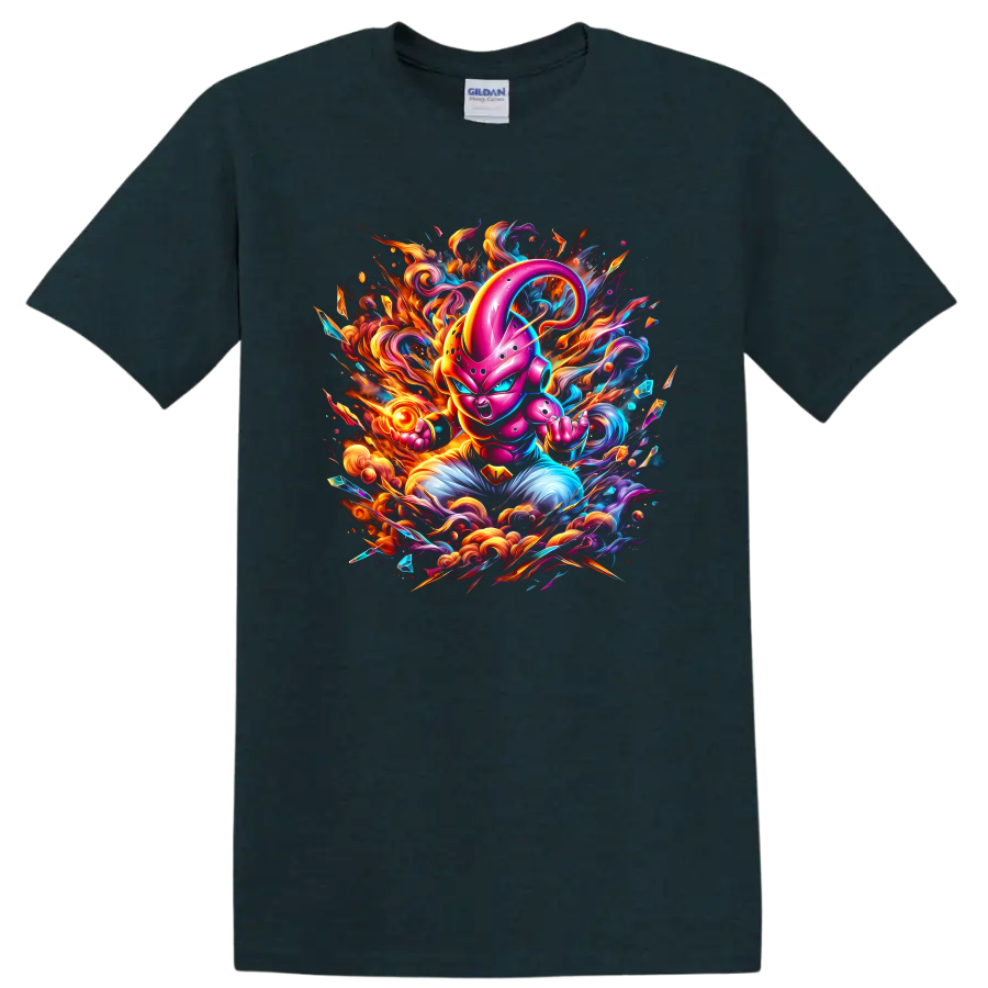 Majin Buu neon battle art with fiery energy swirls and crystal shards on a Midnight (Green) T Shirt