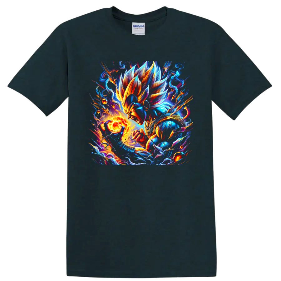 Vegeta anime warrior with blazing energy orb, electric blue flames, and cosmic swirls on a Midnight (Green) T Shirt