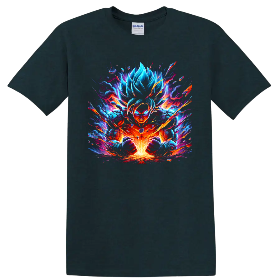 Goku Ultra Instinct with neon blue flames and orange energy burst digital art on a Midnight (Green) T Shirt
