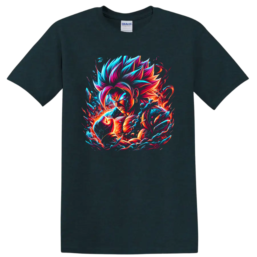 Goku Super Saiyan Blue neon anime warrior graphic with swirling energy on a Midnight (Green) T Shirt
