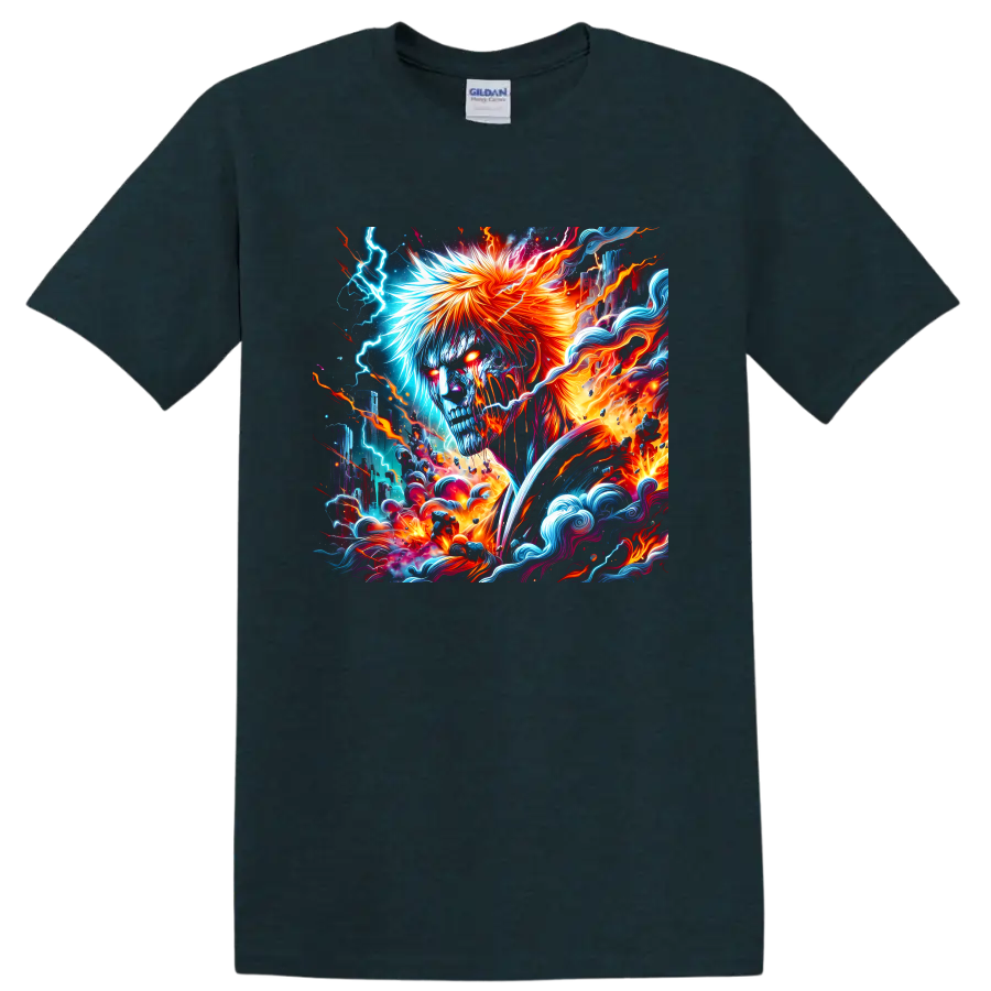 Ichigo Kurosaki fantasy warrior illustration with blue lightning, orange fire, and waves on a Midnight (Green) T Shirt