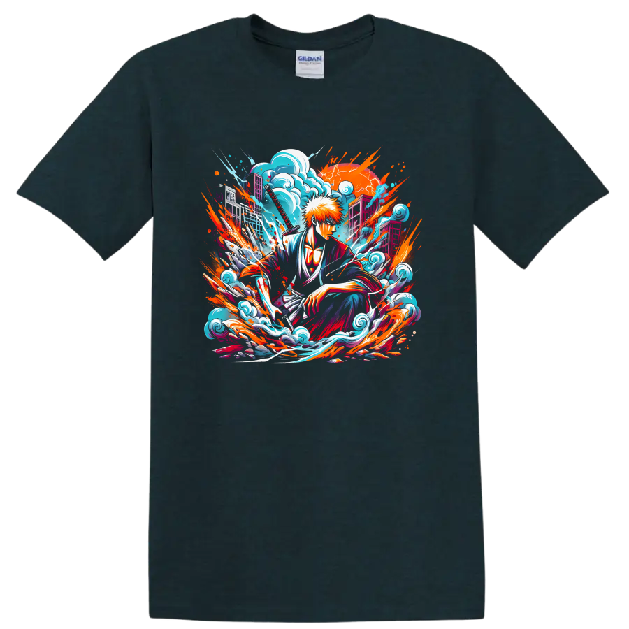Ichigo Kurosaki with katana, turquoise waves, and orange anime action art on a Midnight (Green) T Shirt