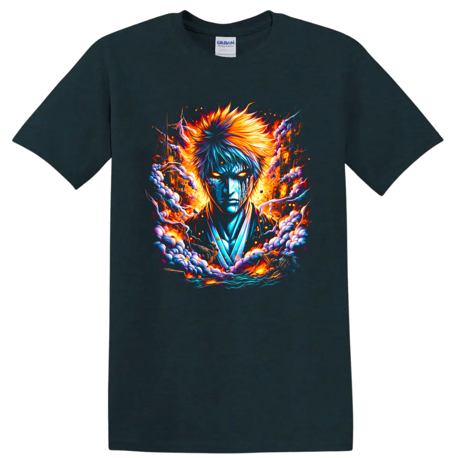 Ichigo Kurosaki fiery blue and orange fantasy warrior graphic print on a Midnight (Green) T Shirt