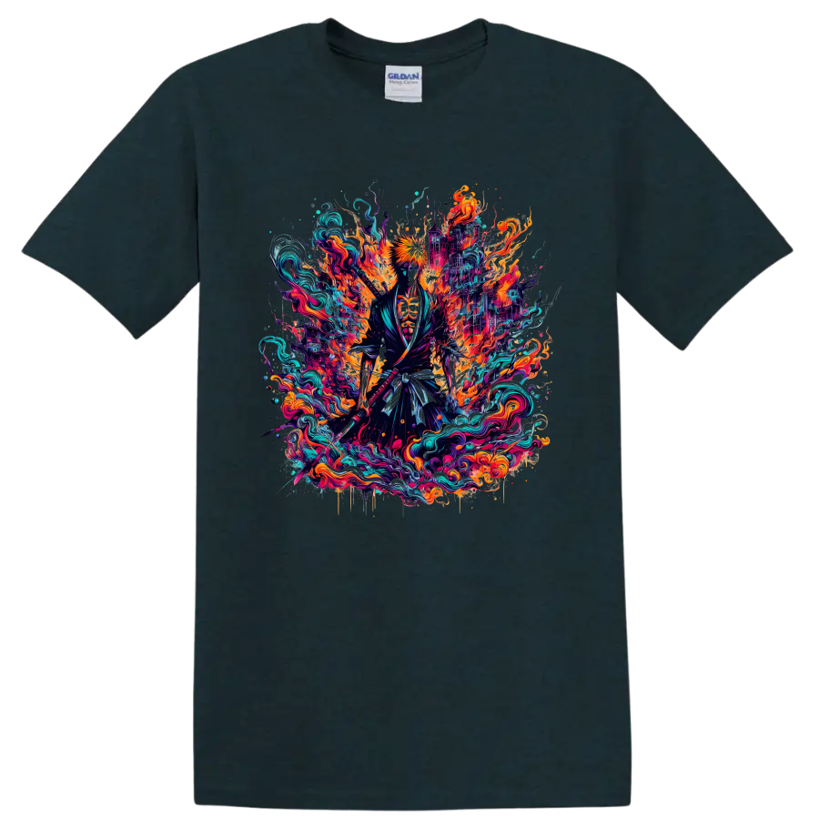 Ichigo Kurosaki neon fantasy warrior graphic with fiery energy and teal waves on a Midnight (Green) T Shirt