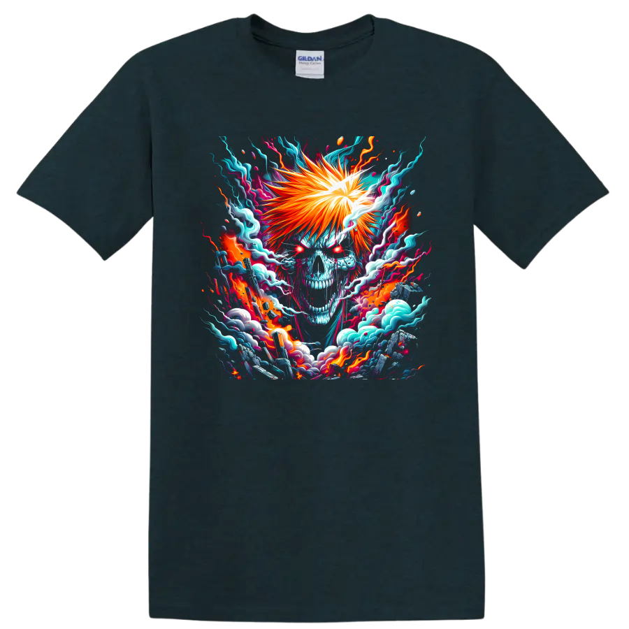 Ichigo Kurosaki Hollow-inspired skull visage with fiery anime energy art on a Midnight (Green) T Shirt