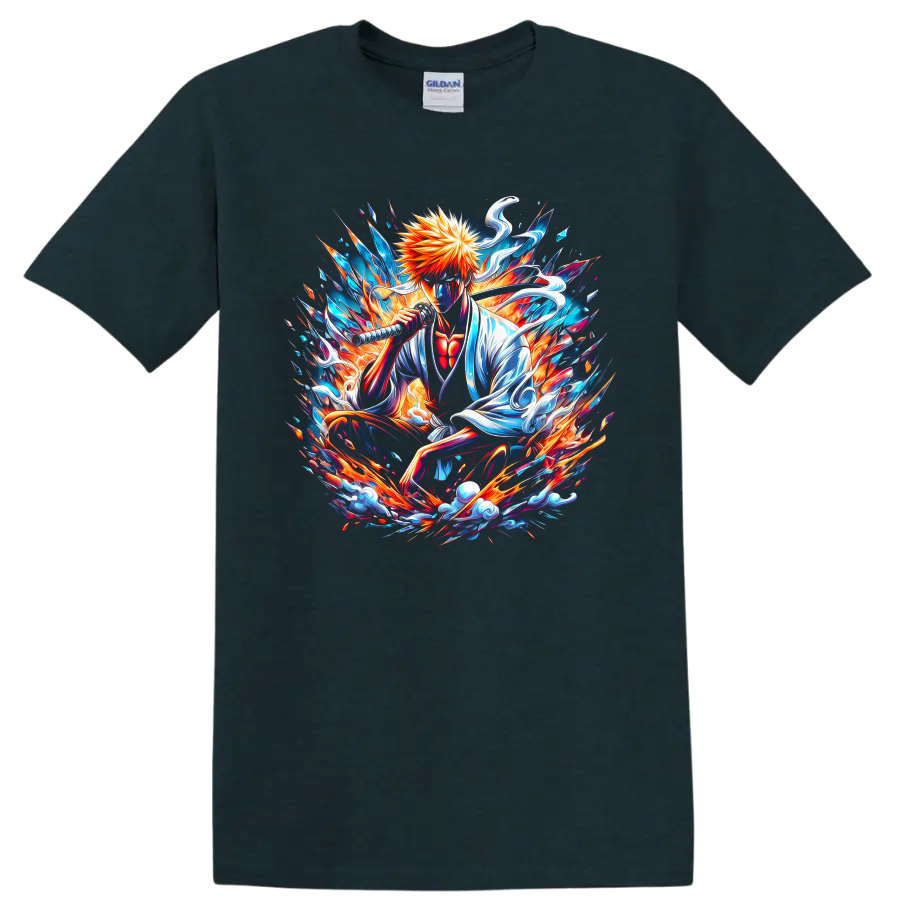 Ichigo Kurosaki sword-wielding anime art with explosive blue and orange energy on a Midnight (Green) T Shirt