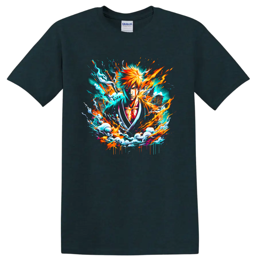 Ichigo Kurosaki anime graphic with fiery energy bursts and stylized turquoise waves on a Midnight (Green) T Shirt