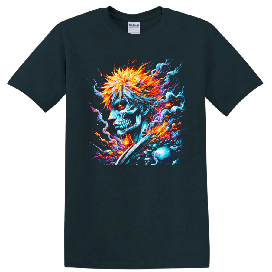 Ichigo Kurosaki skull warrior with flaming hair, sword, and neon energy on a Midnight (Green) T Shirt