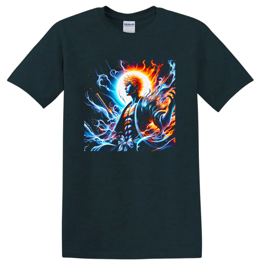 Ichigo Kurosaki anime art with a sword, glowing moon, blue energy and fire on a Midnight (Green) T Shirt