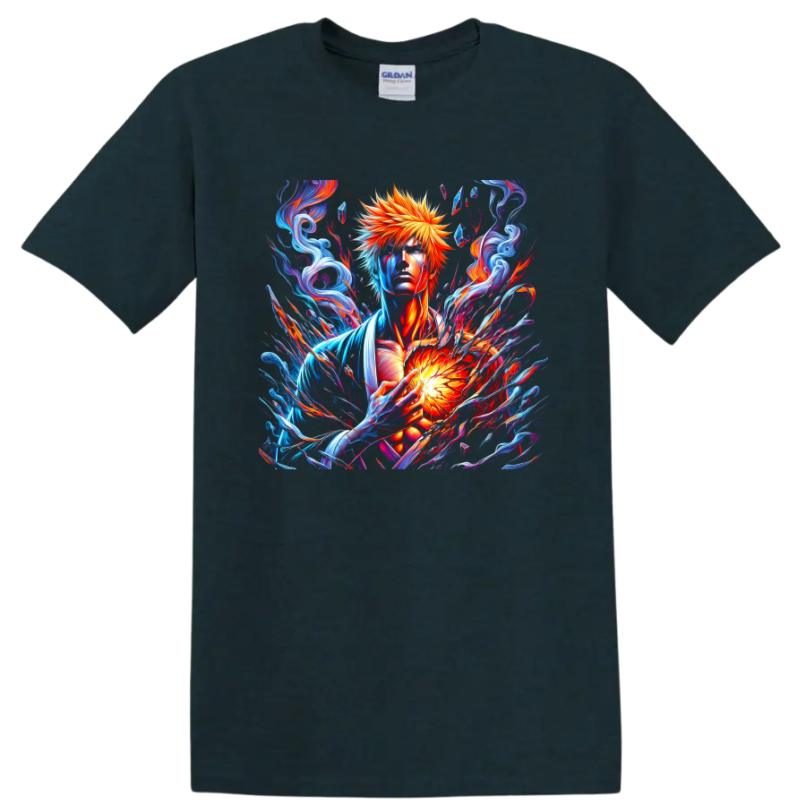 Ichigo Kurosaki fiery energy fantasy art with swirling blue and red effects on a Midnight (Green) T Shirt
