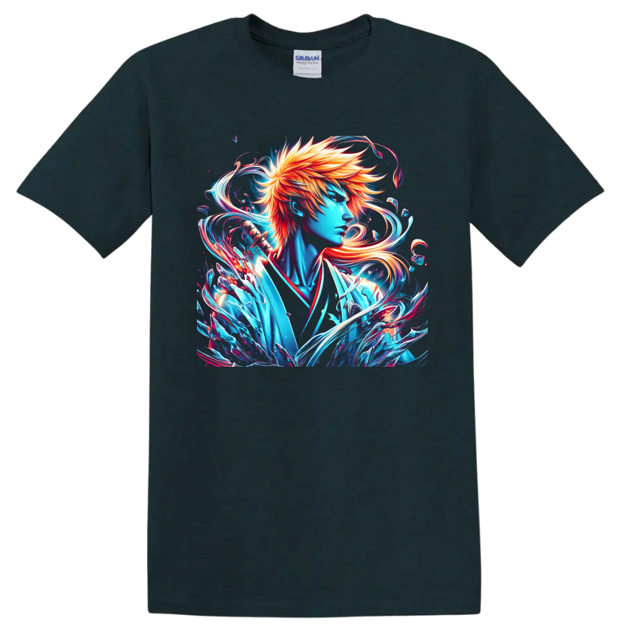 Ichigo Kurosaki neon anime portrait with fiery hair and swirling energy on a Midnight (Green) T Shirt