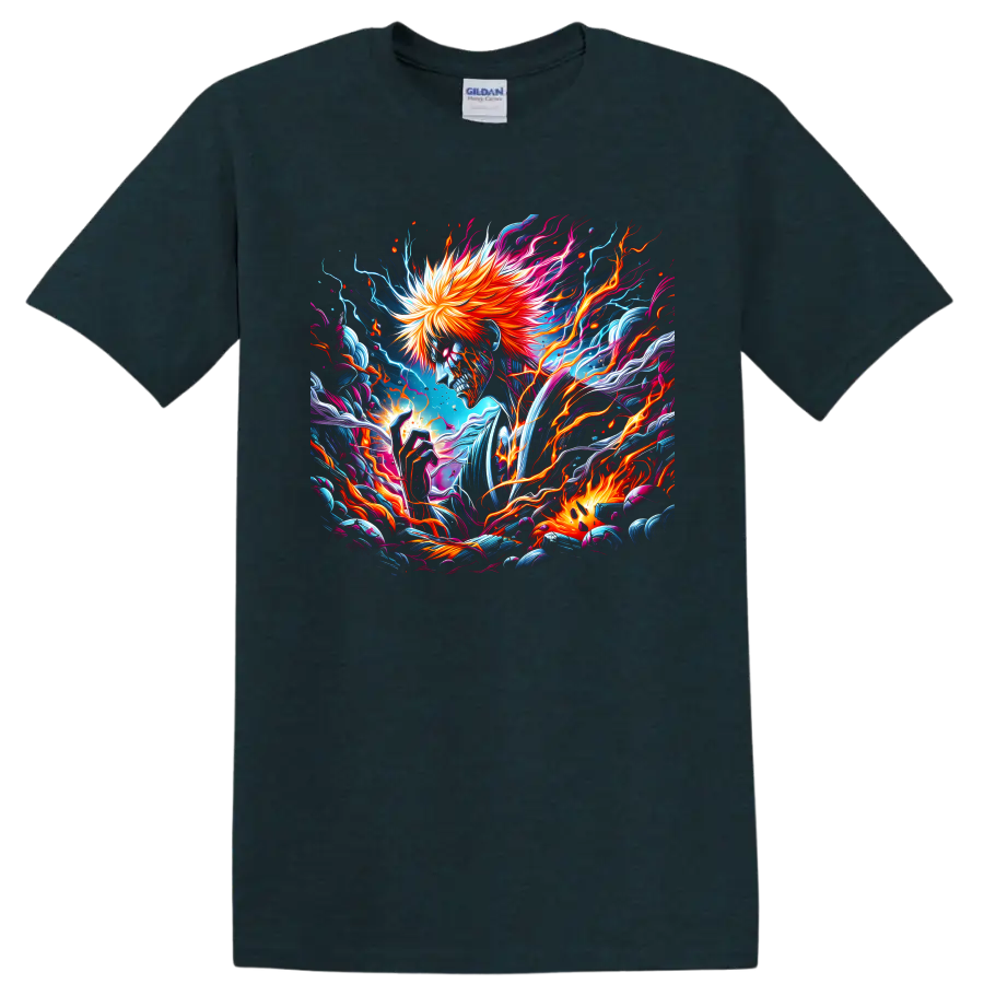 Ichigo Kurosaki skull-like portrait with fiery hair and neon electric anime art on a Midnight (Green) T Shirt