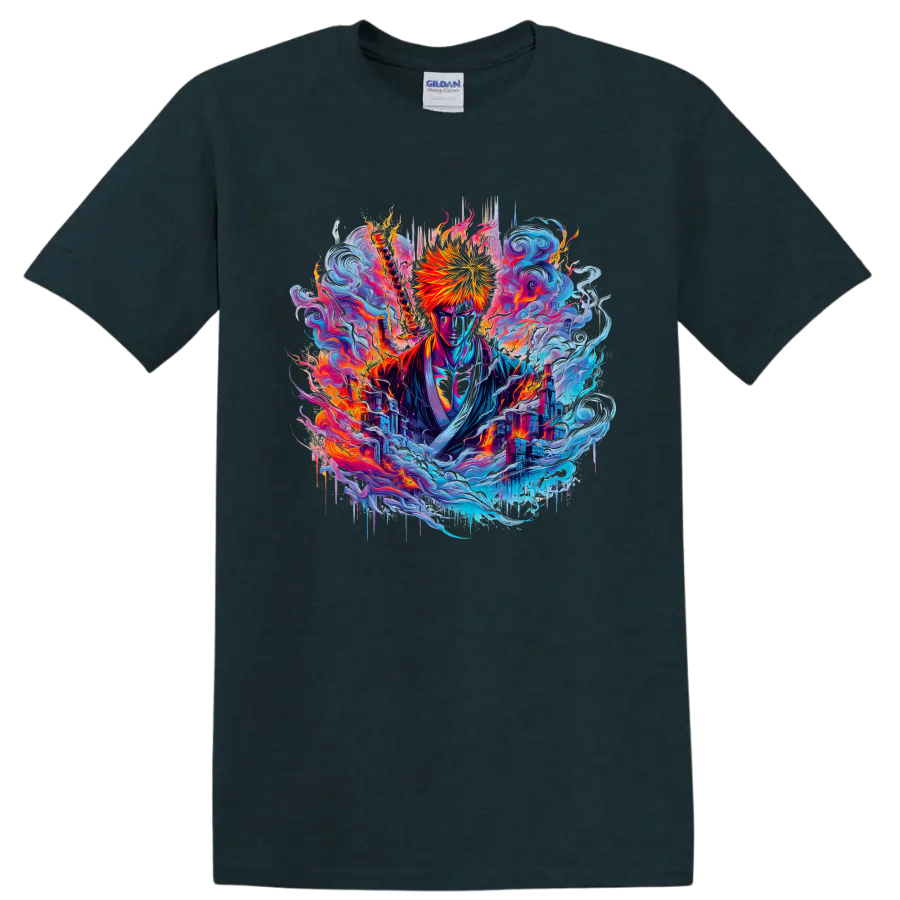 Ichigo Kurosaki with fiery sword in neon waves and city fantasy art on a Midnight (Green) T Shirt
