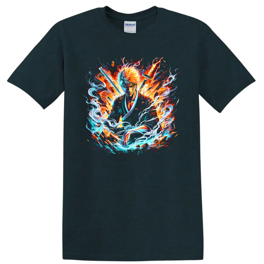Ichigo Kurosaki Bleach-style swordsman art with fiery and electric energy on a Midnight (Green) T Shirt