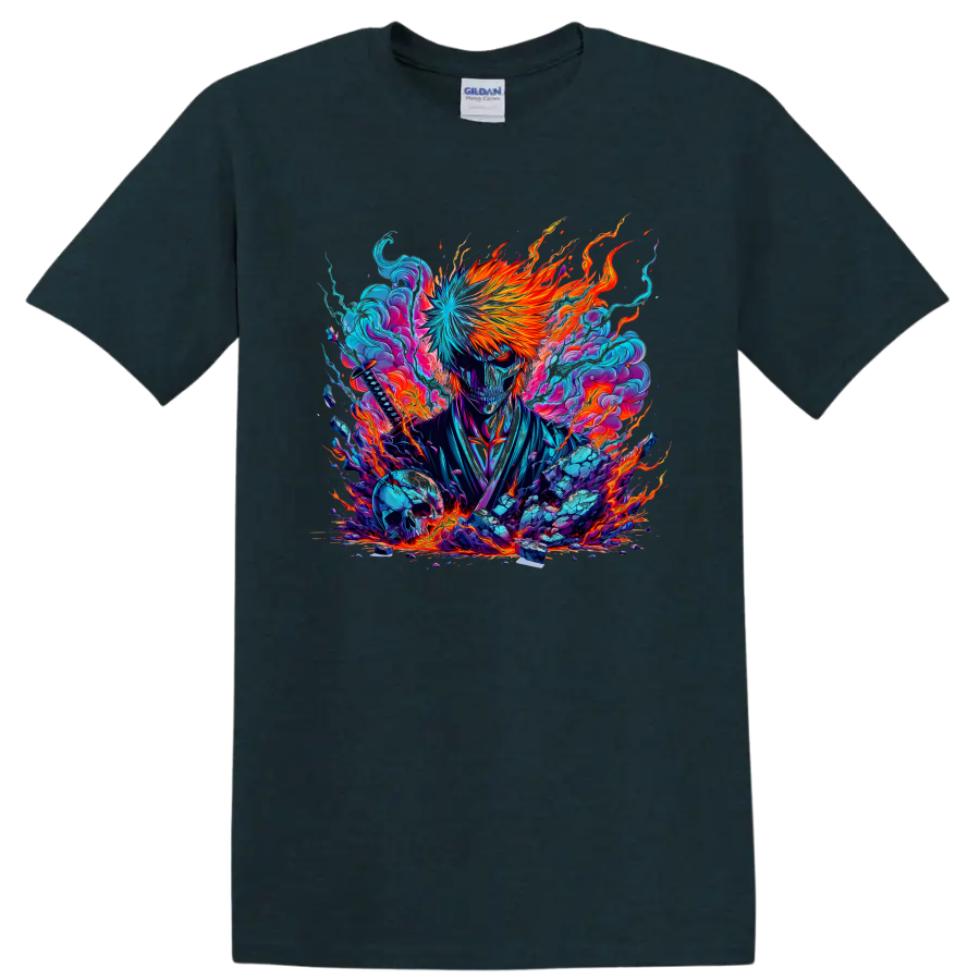 Ichigo Kurosaki Bankai-inspired masked warrior with fiery energy anime graphic on a Midnight (Green) T Shirt