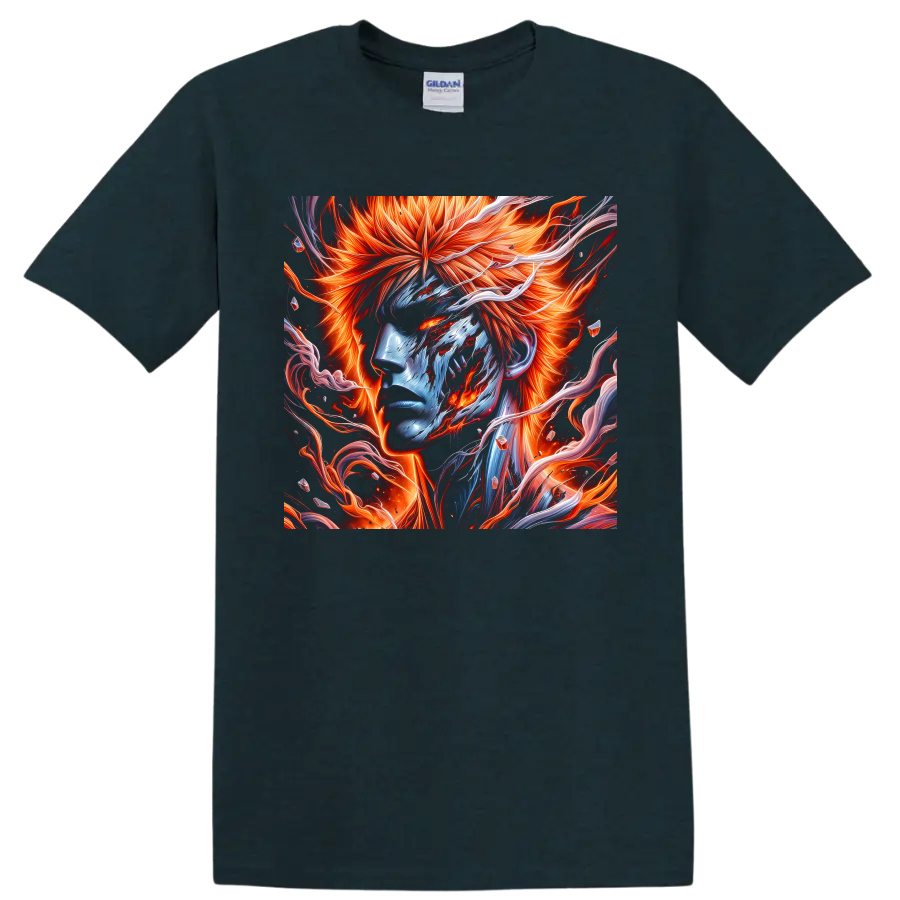 Ichigo Kurosaki fiery orange and blue anime portrait with swirling energy ribbons on a Midnight (Green) T Shirt