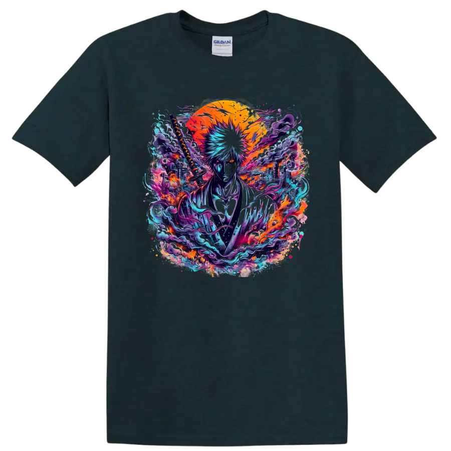 Hollow Ichigo neon katana warrior anime graphic with blazing sun and cityscape on a Midnight (Green) T Shirt