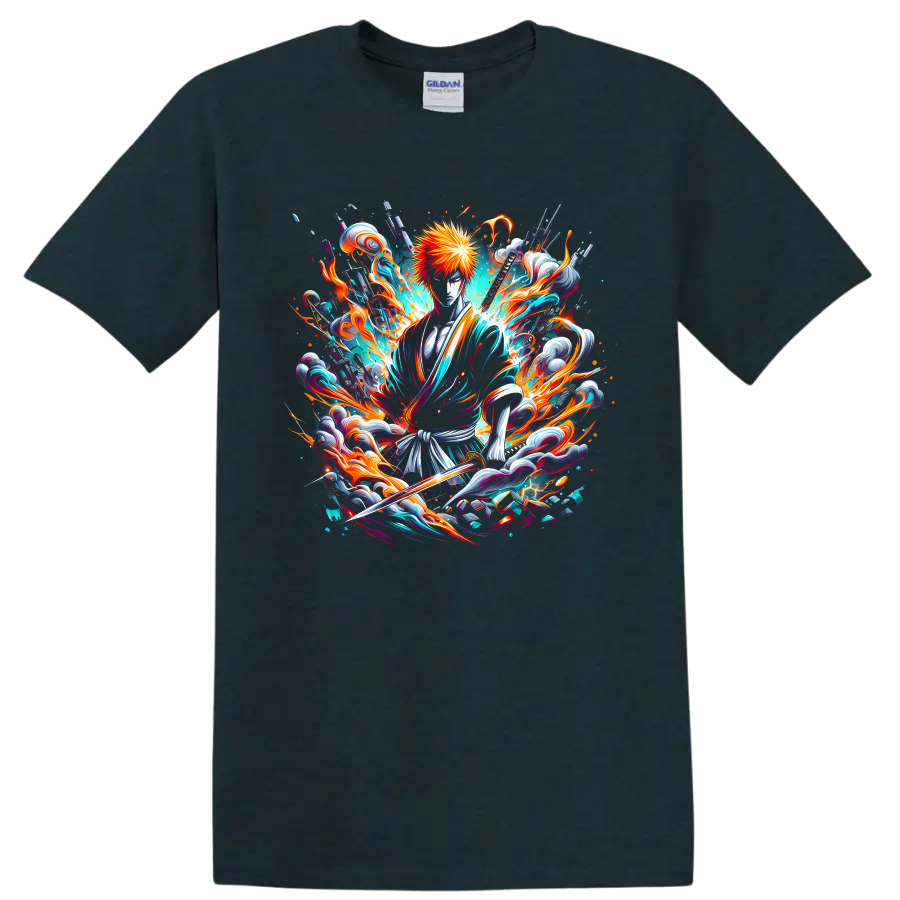 Ichigo Kurosaki Soul Reaper with sword in fiery teal anime splash art on a Midnight (Green) T Shirt