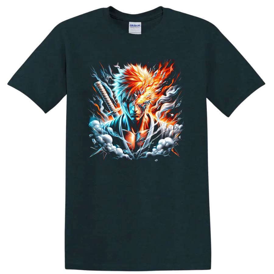 Ichigo Kurosaki sword warrior in fiery orange and icy blue energy graphic art on a Midnight (Green) T Shirt