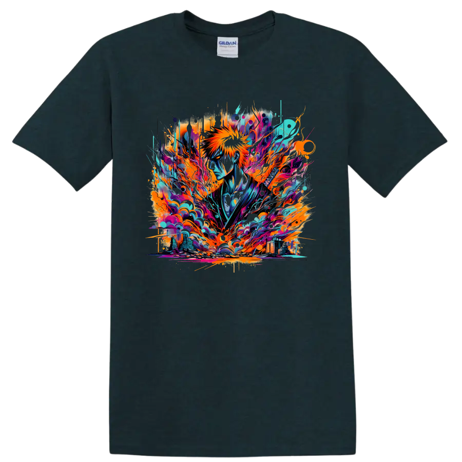 Ichigo Kurosaki in neon abstract graffiti-style Soul Reaper artwork on a Midnight (Green) T Shirt