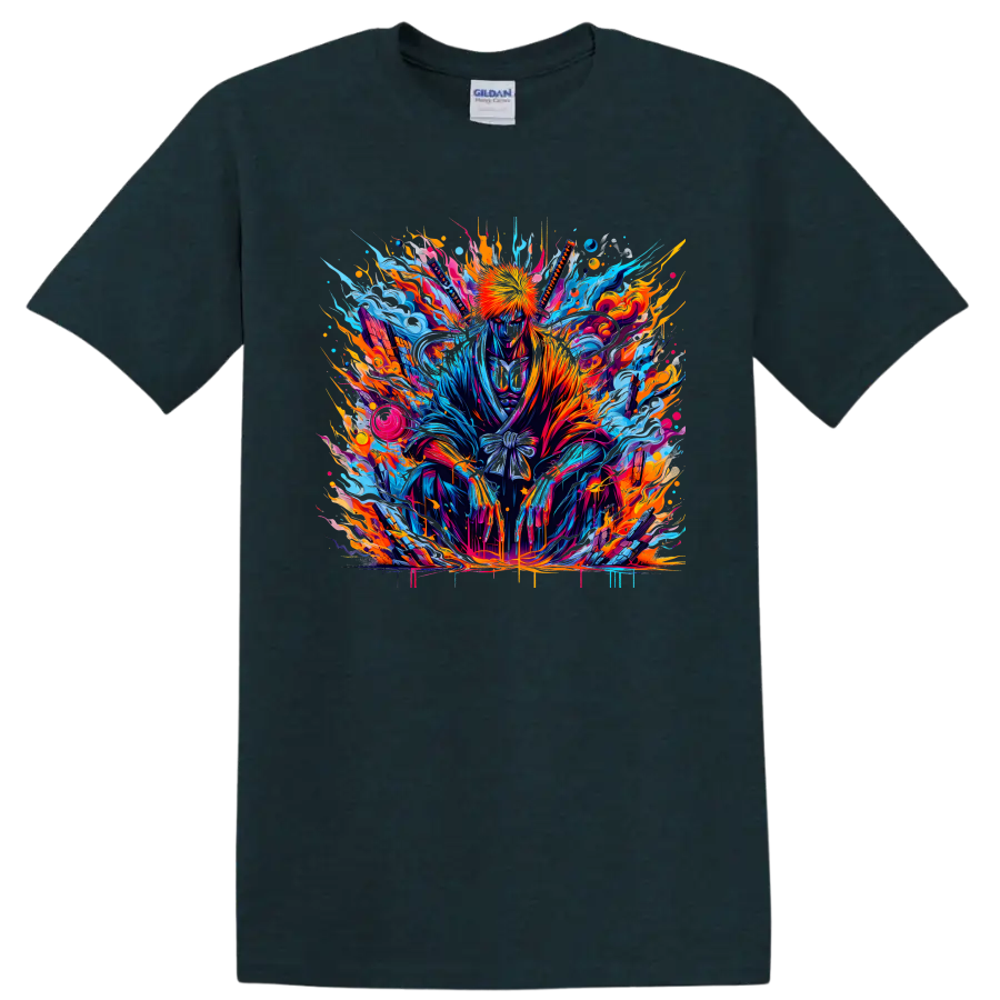 Ichigo Kurosaki neon splash-art warrior graphic with blue energy and orange flames on a Midnight (Green) T Shirt