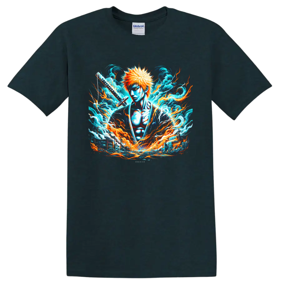 Ichigo Kurosaki with katana amid fiery energy and crashing waves anime graphic on a Midnight (Green) T Shirt