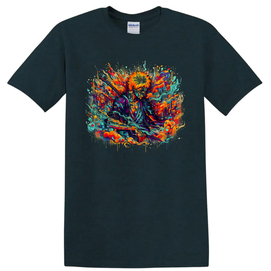 Ichigo Kurosaki Bleach sword hero in colorful abstract energy art on a Midnight (Green) T Shirt