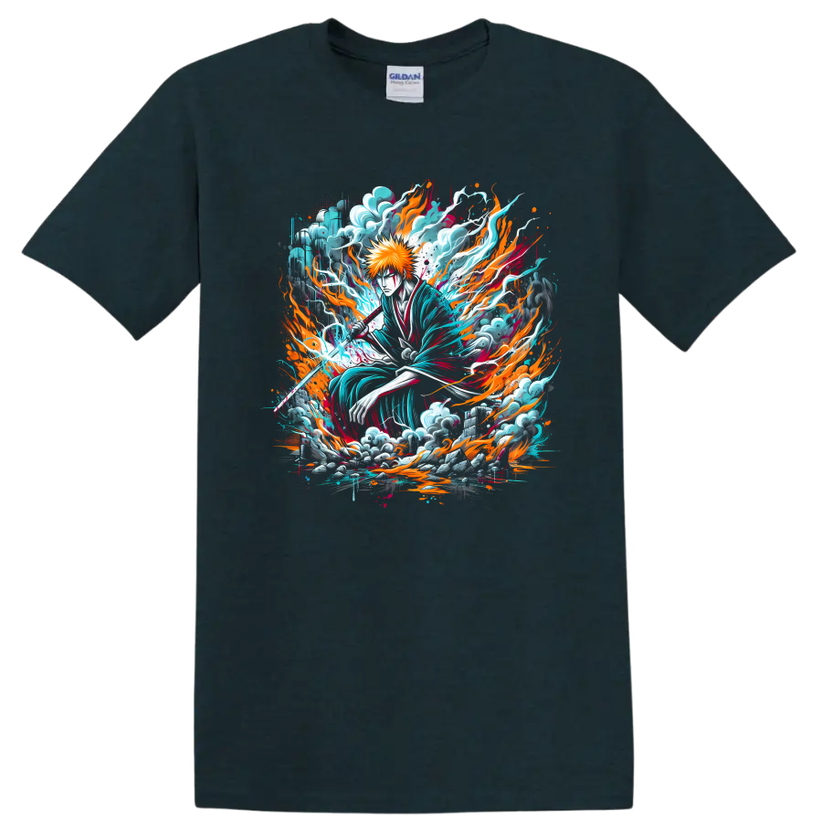 Ichigo Kurosaki fiery sword anime art with turquoise energy and flame effects on a Midnight (Green) T Shirt