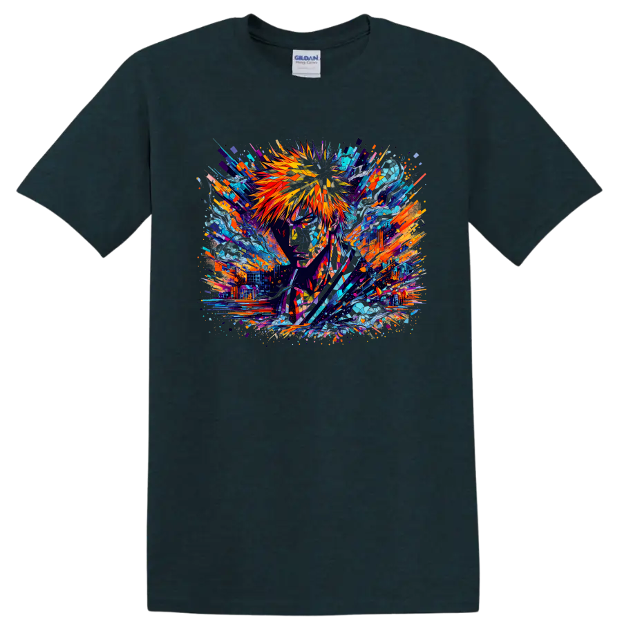 Ichigo Kurosaki stained-glass-style abstract anime portrait with sword on a Midnight (Green) T Shirt