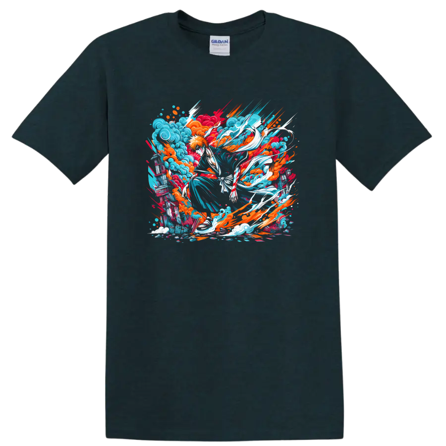Ichigo Kurosaki Bleach anime action graphic with colorful waves and paint splashes on a Midnight (Green) T Shirt