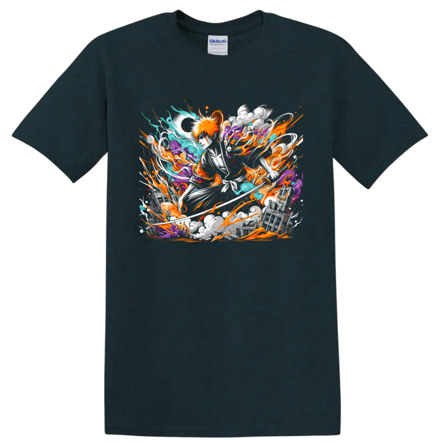 Ichigo Kurosaki with sword in dynamic orange, teal, and purple anime energy art on a Midnight (Green) T Shirt