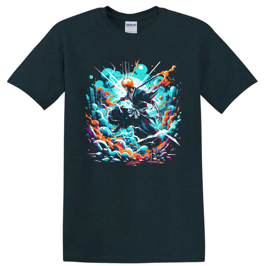 Ichigo Kurosaki sword action graphic with turquoise energy waves and orange accents on a Midnight (Green) T Shirt