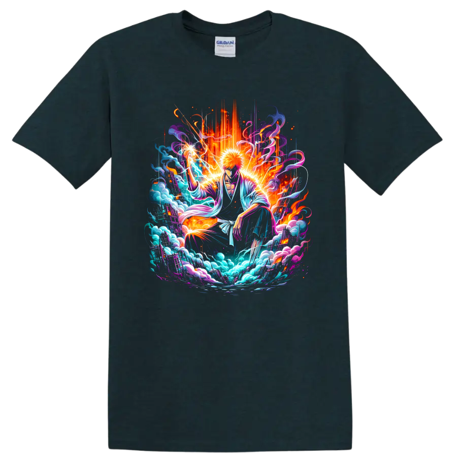 Ichigo Kurosaki neon fantasy battle art with energy waves, sparks, and swirling clouds on a Midnight (Green) T Shirt