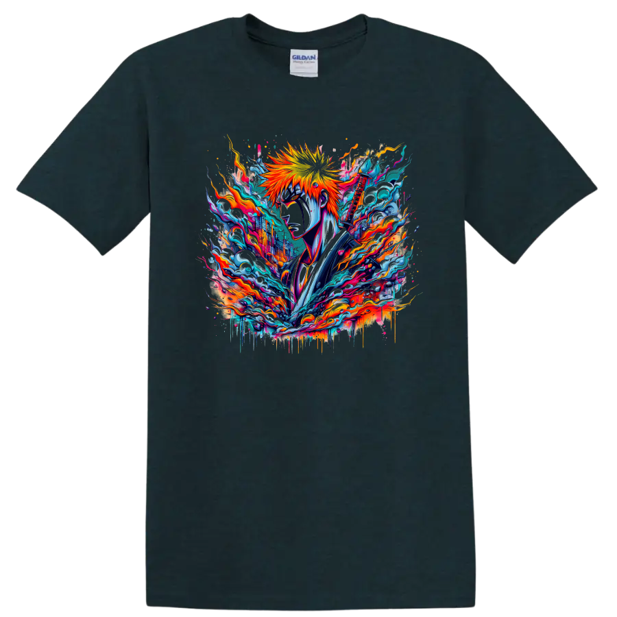 Ichigo Kurosaki Bleach neon sword warrior graphic with flames and blue energy on a Midnight (Green) T Shirt