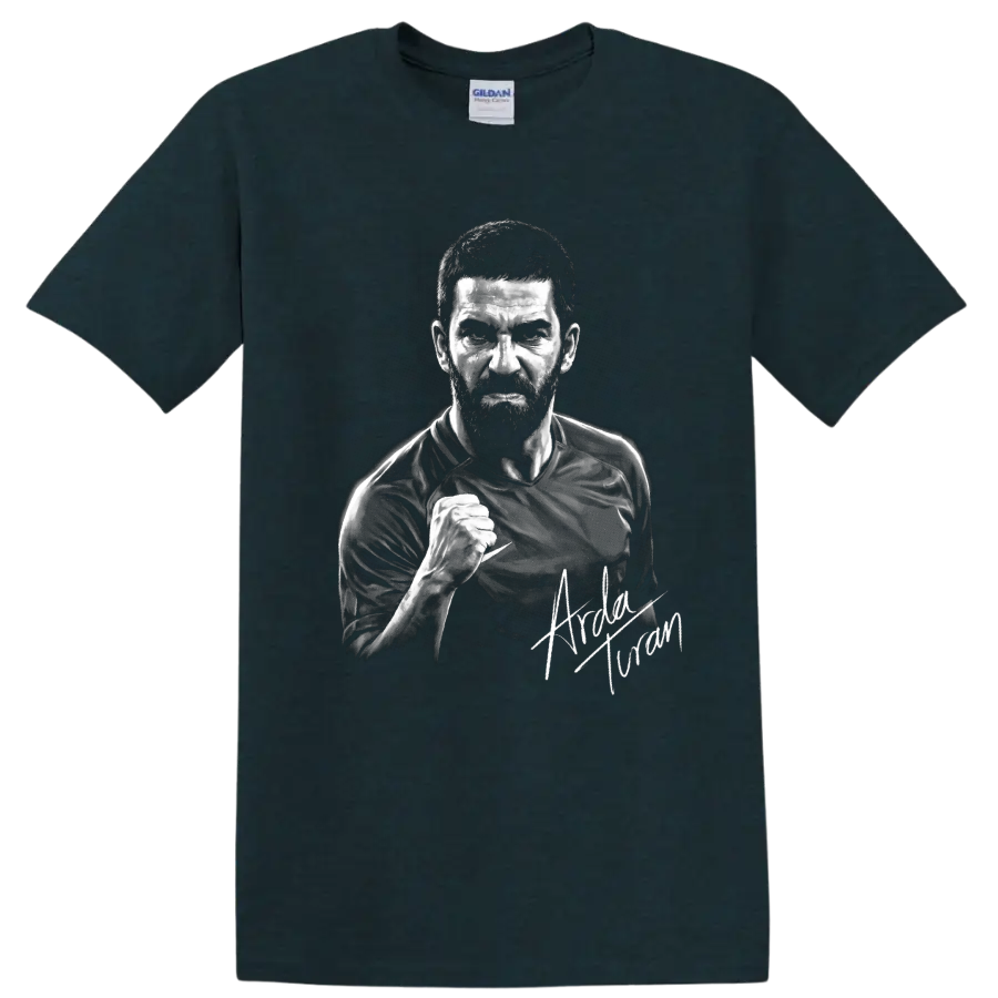 Arda Turan monochrome soccer portrait with raised fist and signature-style detail on a Midnight (Green) T Shirt