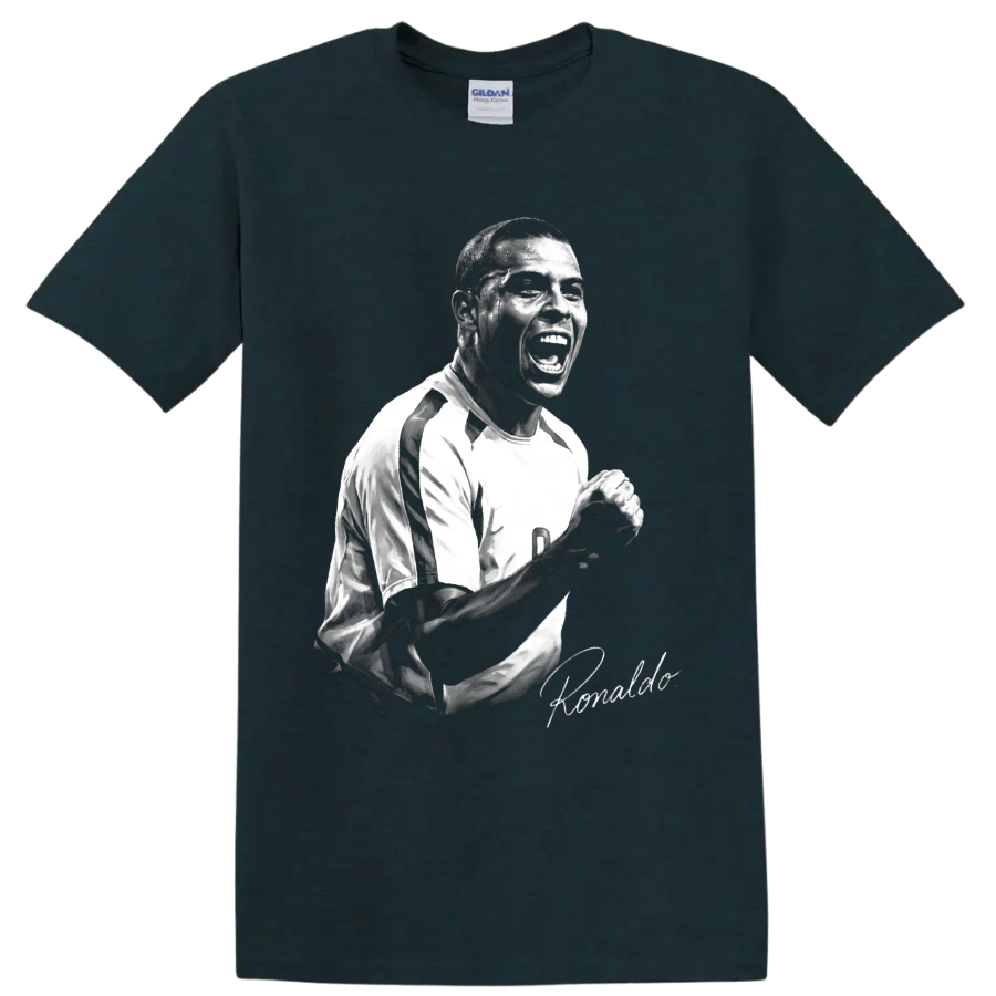 Ronaldo Nazário monochrome soccer celebration portrait with signature-style detail on a Midnight (Green) T Shirt