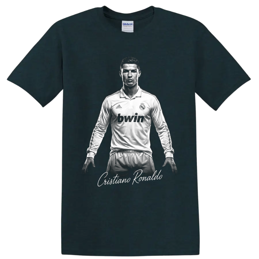 Cristiano Ronaldo Real Madrid monochrome soccer portrait with script name on a Midnight (Green) T Shirt